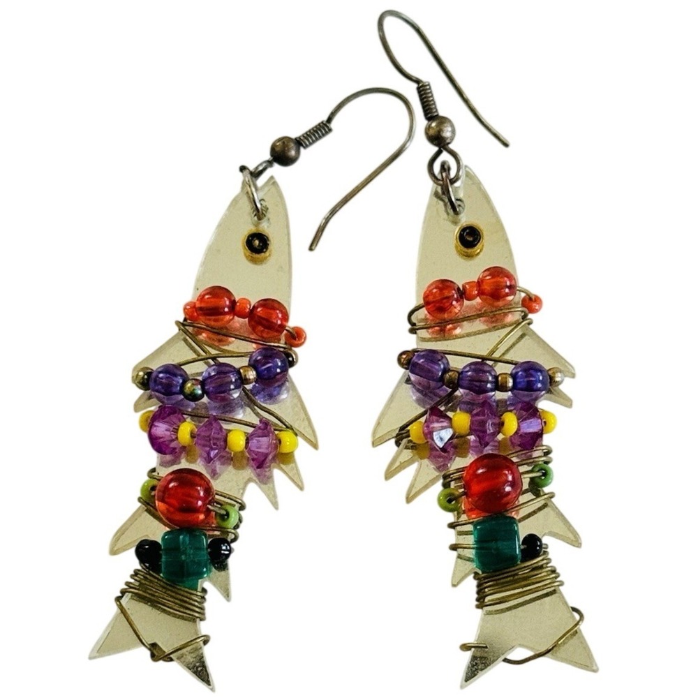 VTG Flashy Fish Mirror Earrings Chunky hook Retro Glass Fun 80s/90s Statement
